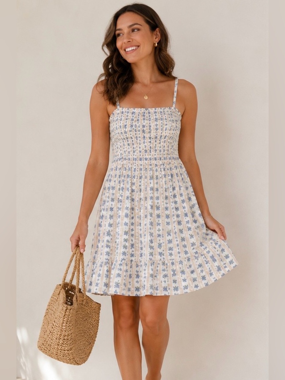 Sim & Sam Blue Ivory Creme Stretch Ruched Floral tank top Ruffled Dress XL NWT